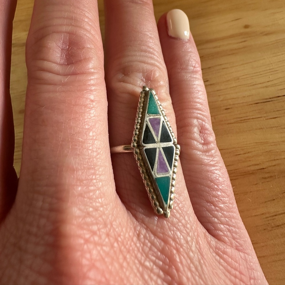 Geometric Silver Ring with Purple and Green inlay accents - Picture 6 of 14
